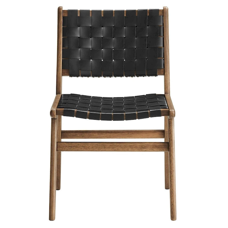 Chaises de salle à manger latérales en similicuir tressé avec cadre en bois d'hévéa, ensemble de 2