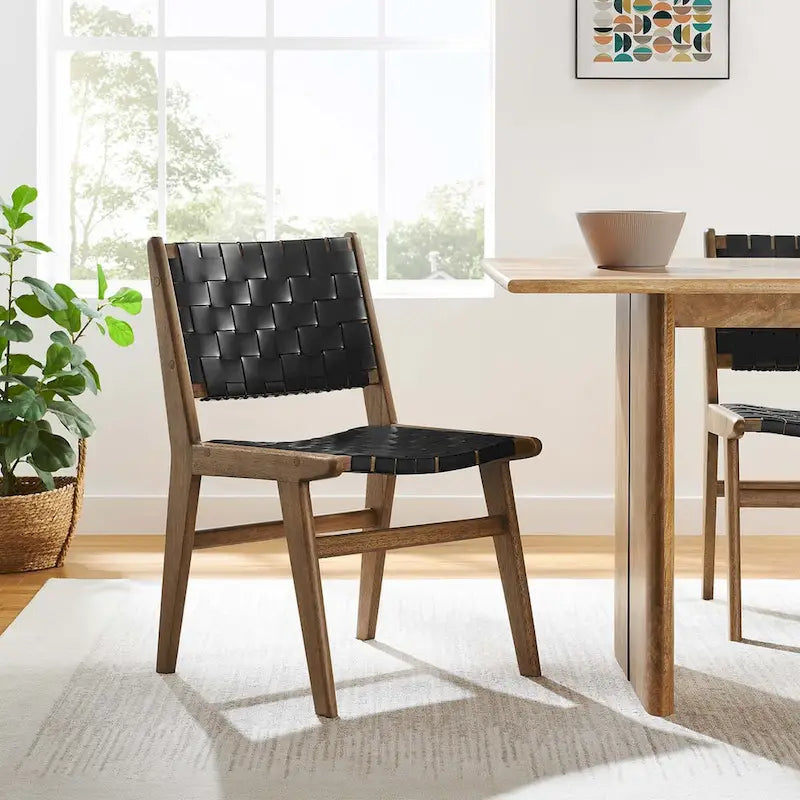 Chaises de salle à manger latérales en similicuir tressé avec cadre en bois d'hévéa, ensemble de 2